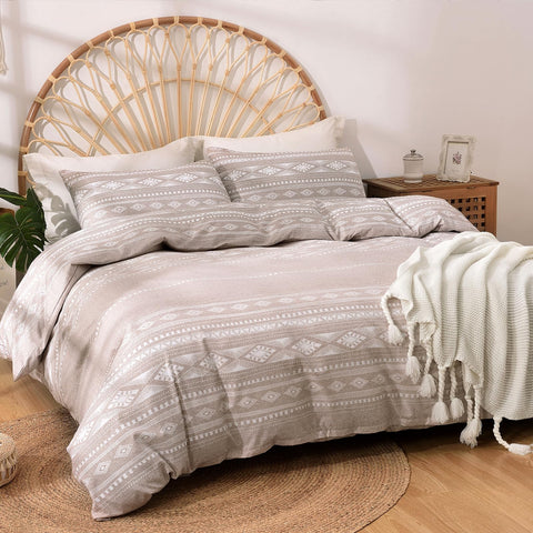Tokokimo Double Duvet Cover, 3-Piece Set, Bed Linen Set - 220 x 240 cm Cover With 2 Pillowcases 65 x 65 cm with Zips - Bohemian Design Bedding Set, Adult Bed Duvet Cover - 220 x 240 cm, Khaki with