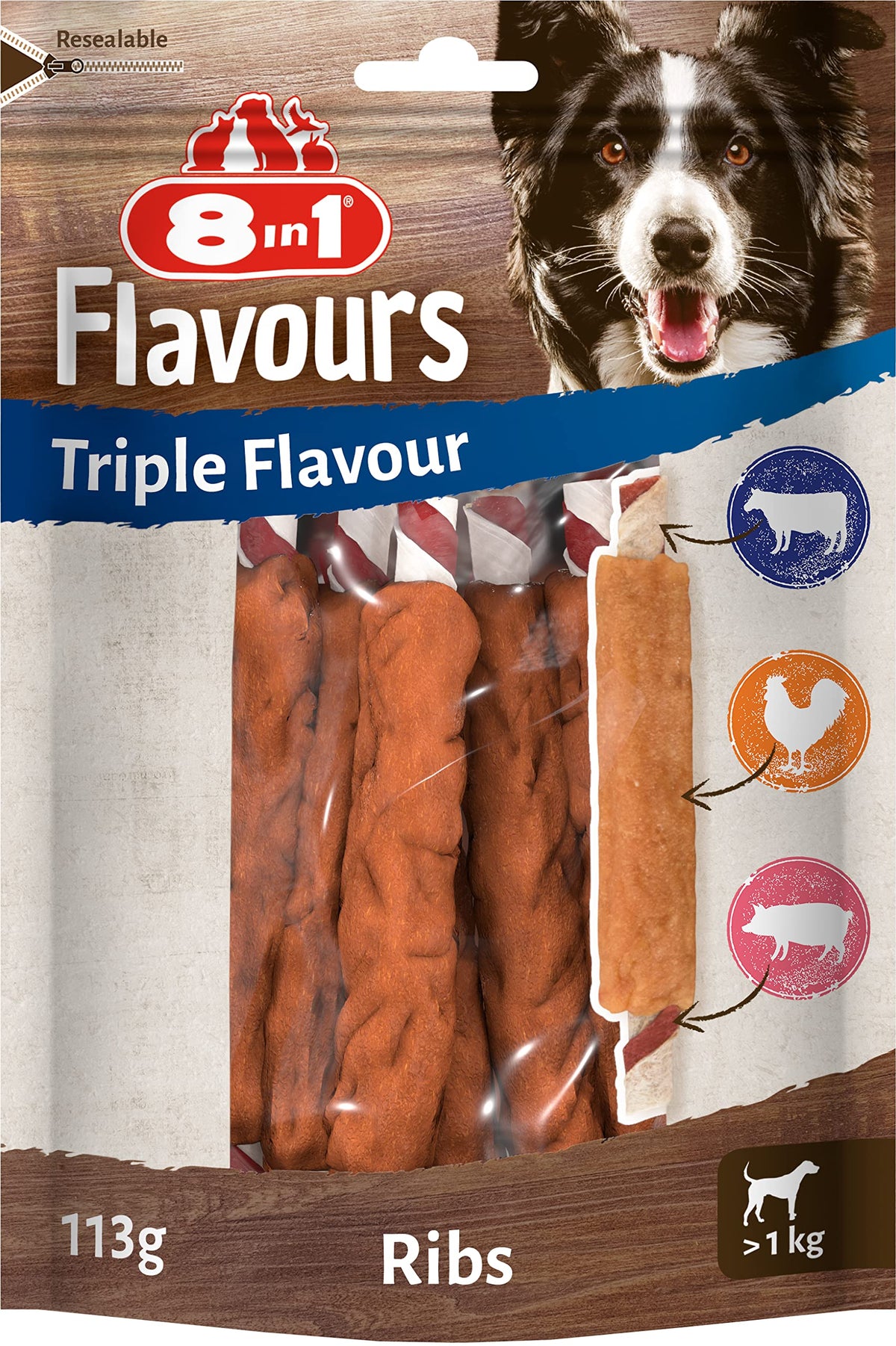 8in1 Triple Flavour Ribs chew sticks for dogs - extra-meaty chew snacks, 113g bag (approx. 6 pieces)