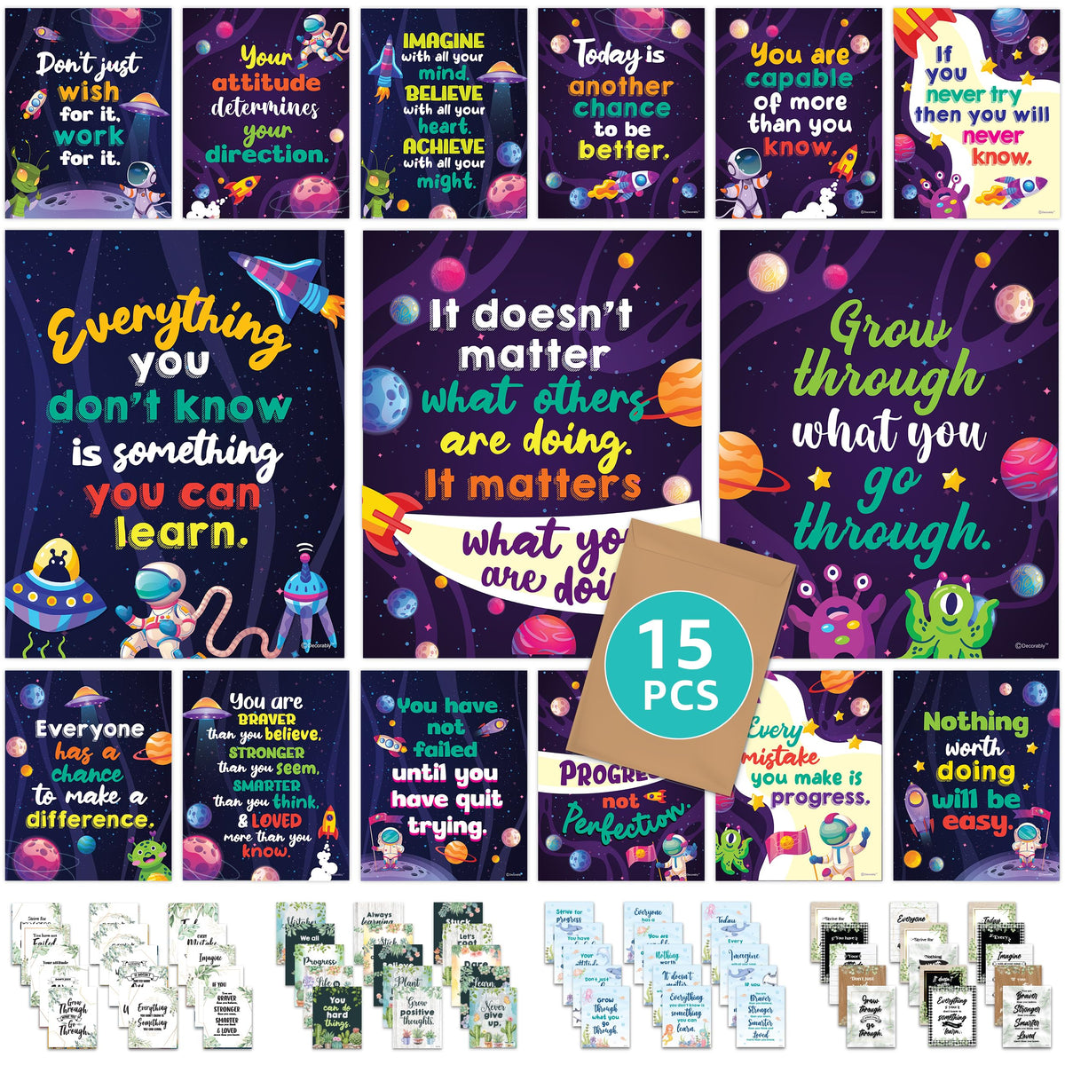 Decorably Motivational Posters for Classroom - 15 Space Theme Classroom Decor, 11x14in Outer Space Classroom Decor, Space Themed Classroom Decor, Outer Space Classroom Decorations