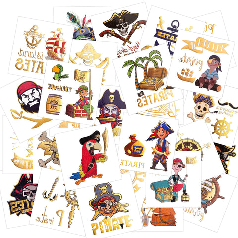 Konsait 56 Sheets Glitter Pirate Temporary Tattoos for Kids, Pirate Tattoos Girls Boys Pirate Party Supplies Favors Decorations, Pirate Birthday Party Bag Filler, Halloween Costume Accessories