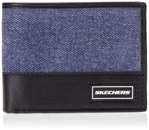 Skechers Men's Slimfold Canvas Vegan Leather RFID Wallet, Blue Patch, One Size