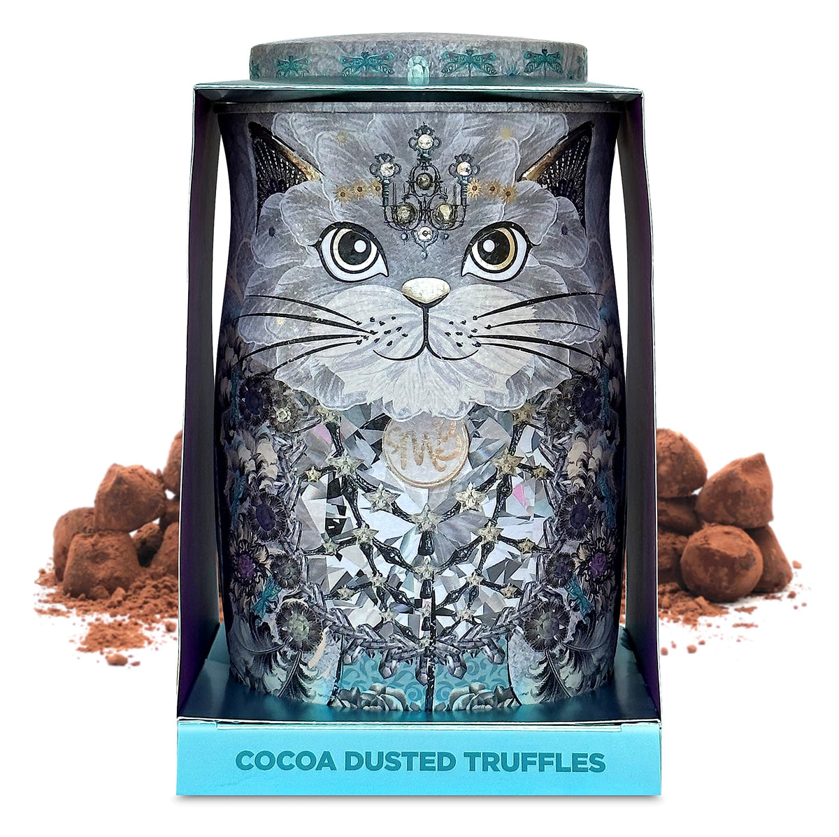 Monty Bojangles Diamond Empress Cat Tin | Assortment of Cocoa Dusted Truffles, 200g
