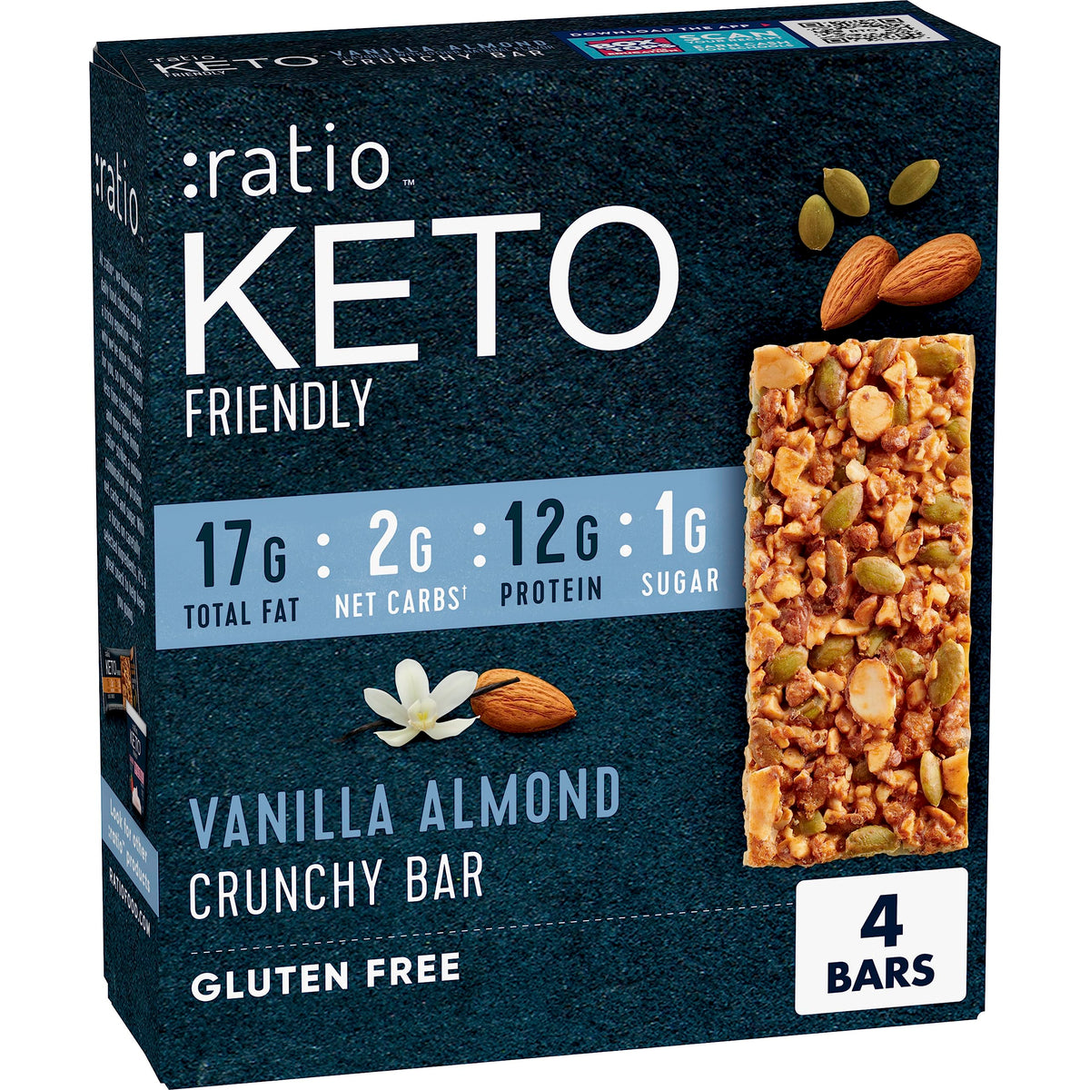:ratio KETO Friendly Crunchy Bars, Vanilla Almond, Gluten Free Snack, 4 ct