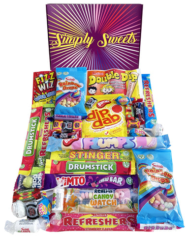 Simply Sweets retro sweet hamper gift box. Packed with the best retro sweet. A perfect present for Birthdays, Get Well Soon, Christmas. Packed in a fun stylish unique box.