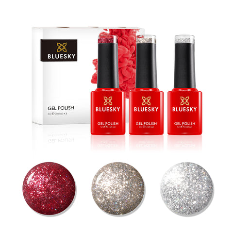 Bluesky Gel Nail Polish, Dazzling Platinum Gel Trio Set 1 - Silver, Red, Gold Glitter, 3 x 5ml (Requires curing under UV or LED Lamp)