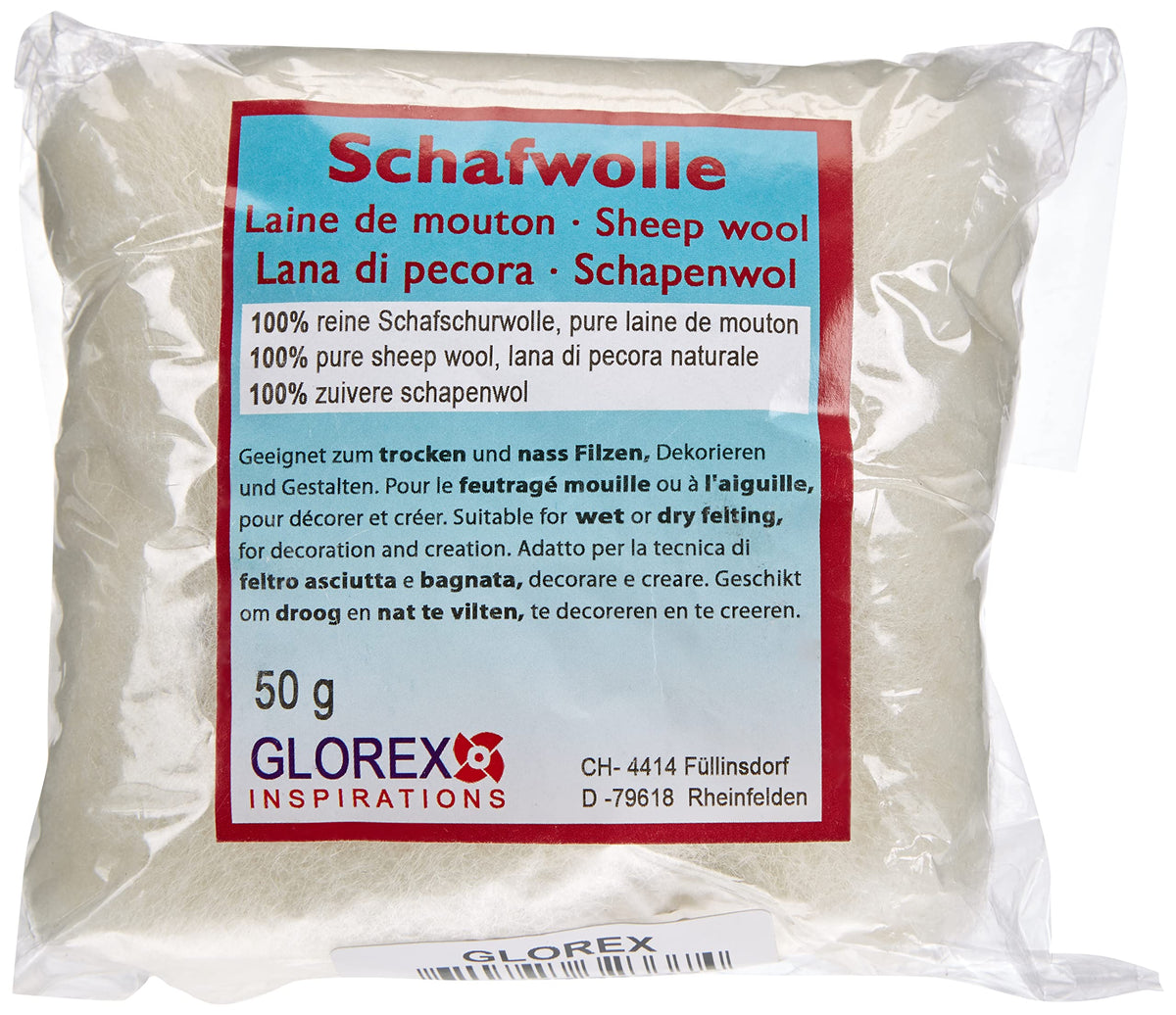 GLOREX Sheep's Wool 50 g, White, 10 x 10 x 6 cm