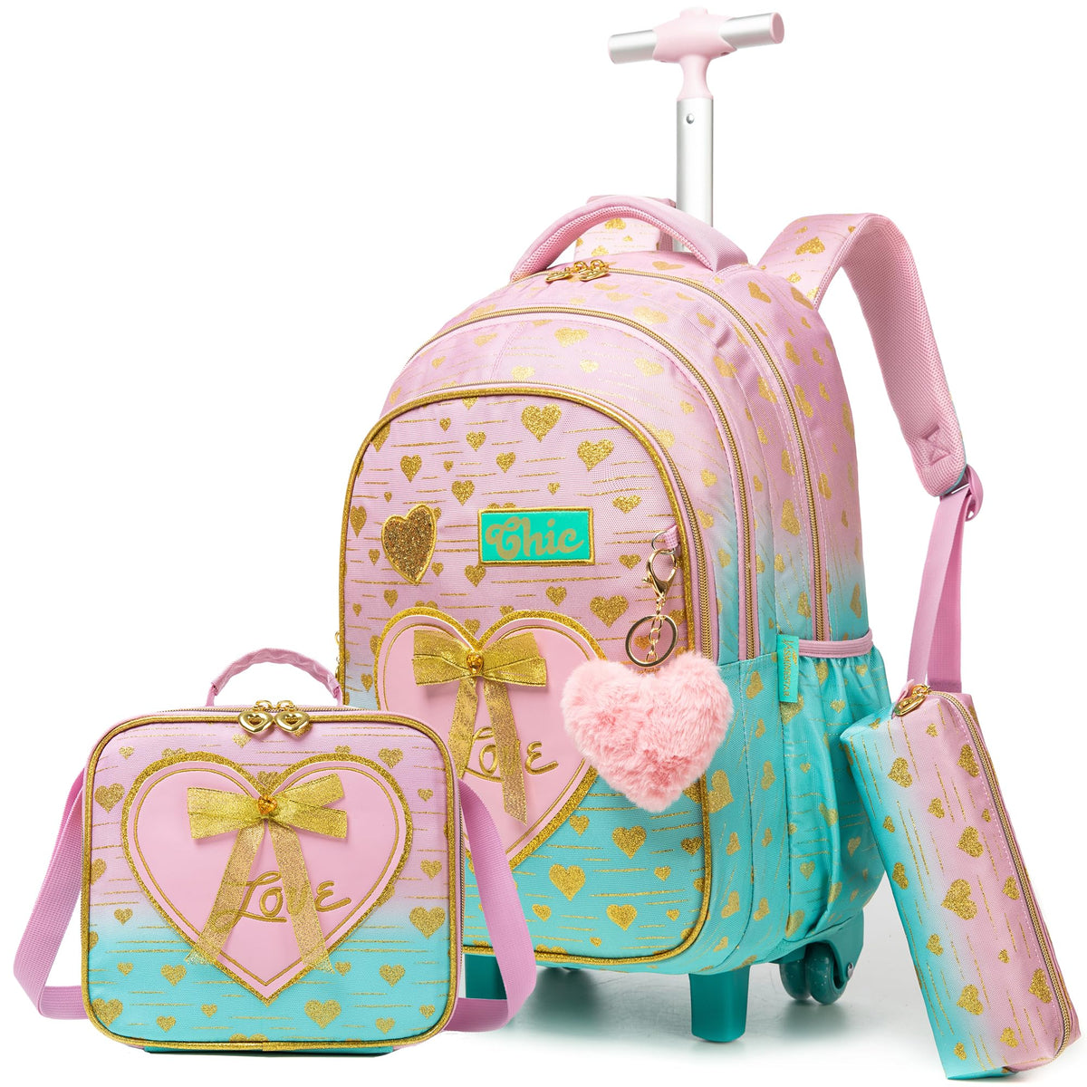 Oruiji Rolling Backpack for Girls Backpack with Wheels Wheeled School Backpack for Girls with Lunch Box Set Kids Suitcase for Elementary 3 in 1 Kids Luggage with Wheels Back to School Supplies
