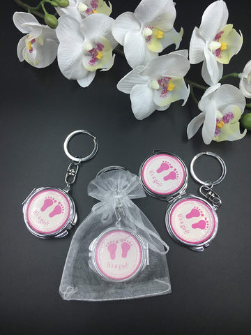 12 New Baby Shower Pink Girl Baby Foot Design Mirror Keychain Party Favor Set With Organza Bag