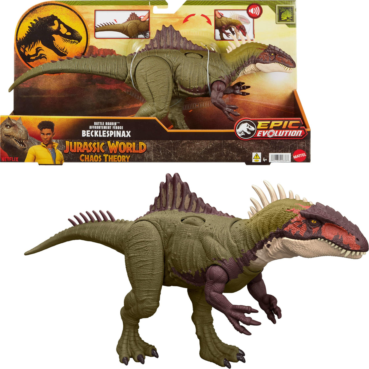 Mattel Jurassic World Chaos Theory Battle Roarinâ€™ Becklespinax Dinosaur Action Figure Toy, Rampage Head Strike, Chomp, Roars & Snarls, Extending Spikes