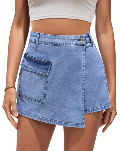 luvamia Women Skort Wrap Skirts for Women Short Blue Jean Skirts for Women Denim Skorts Casual Womens Summer Clothes Medium Blue Large Fits Size 12 Size 14