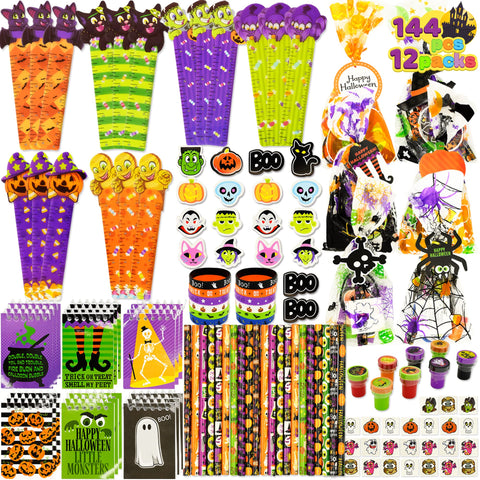 JOYIN 144 pcs Halloween Party Favors Set, 12 Pack Prefilled Goody Bags with Halloween Tag, Halloween Stationery Set Including Halloween Themed Pencils, Rulers, Erasers, Notepads, Foam Stickers