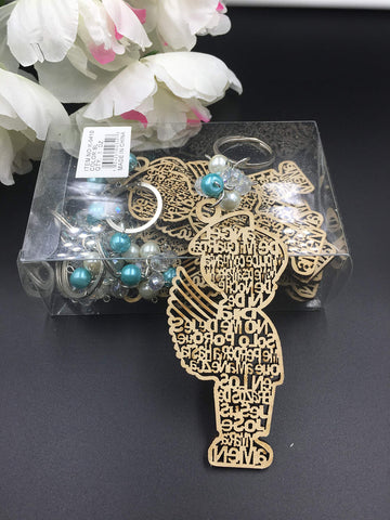 12Pcs Baptism Blue Boy Wood Design Keychain baptism Favors with Angels for Boy and Girl Recuerdos de Bautizo