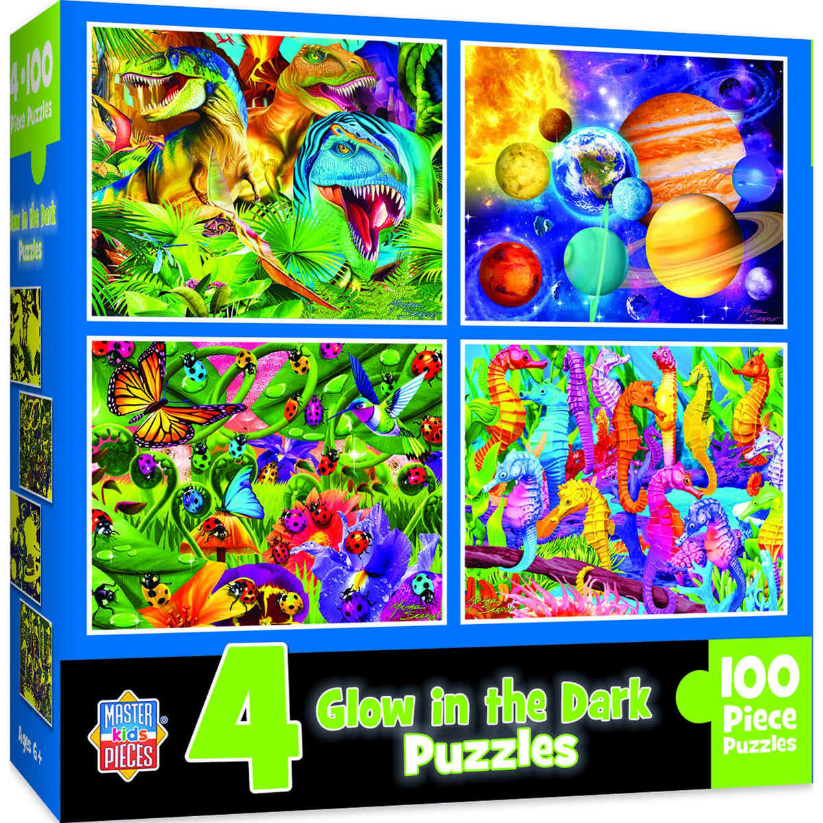 MasterPieces Puzzle Set - 4-Pack 100 Piece Jigsaw Puzzle for Kids - Glow in The Dark 4-Pack Blue - 8"x10"