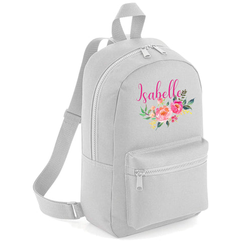 FunkyShirt Flower Patch Custom Name Rucksack Backpack Childrens Girls School Backpack Bag Girls Rose Cute Rucksack Bags Toddler Gym Sack Floral Kids School Bag (Light Pink, One Size)