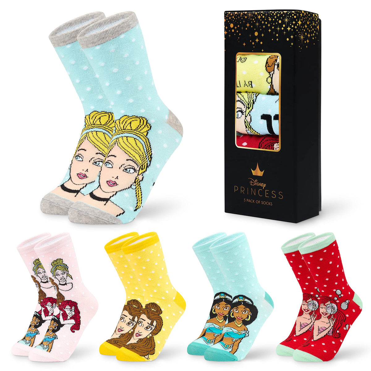 Disney WomenÃ¢â‚¬â„¢s Crew Socks, Calf-Length Crew Socks For Women, Cotton-Rich Socks, Cute Socks for Women and Teens, Multi Princess Designs, One Size, Pack of 5