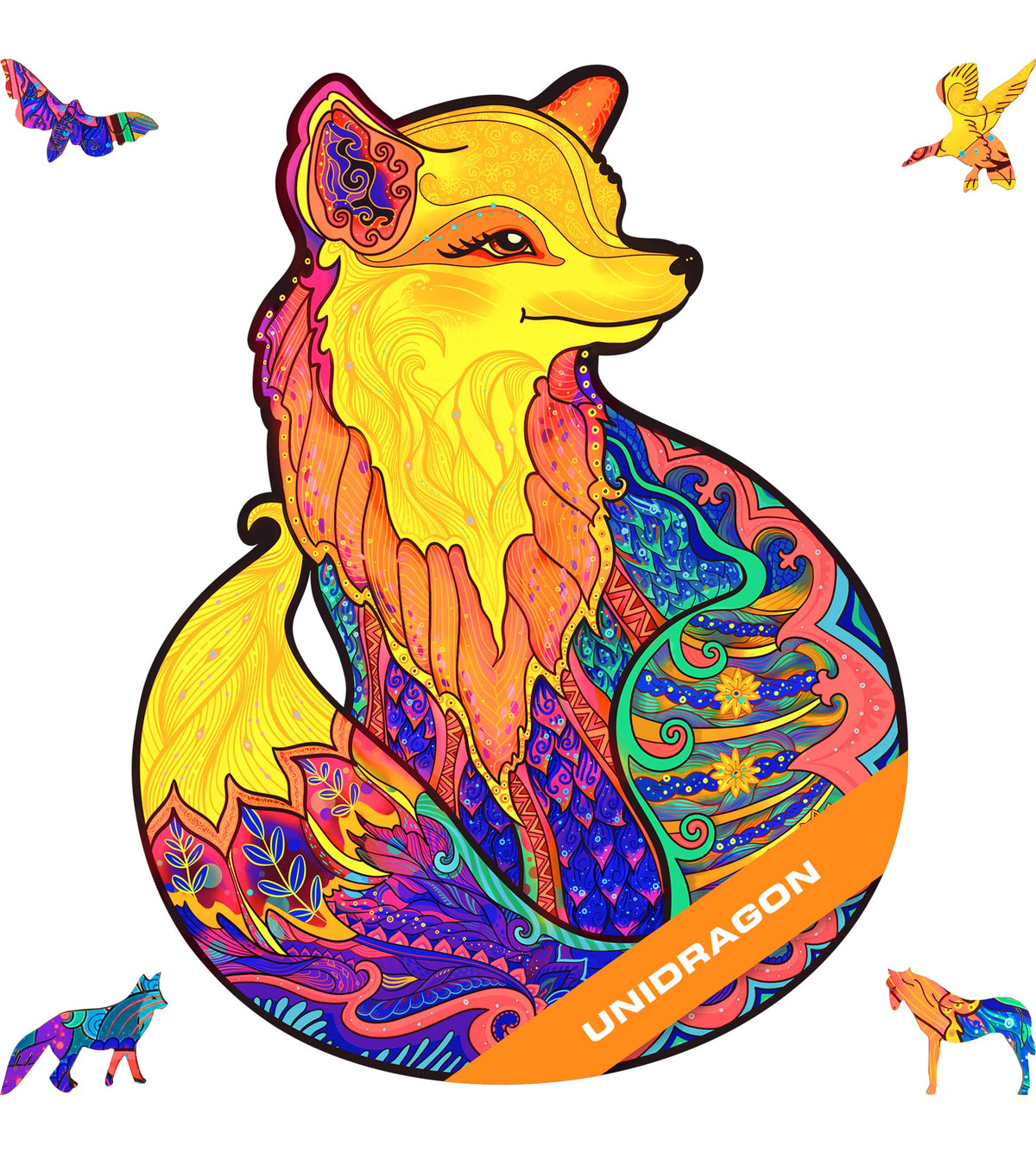 UNIDRAGON Wooden Jigsaw Puzzles - Alluring Fox, 103 pcs, Small 7"x9.2", Beautiful Gift Package, Unique Shape Best Gift for Adults and Kids