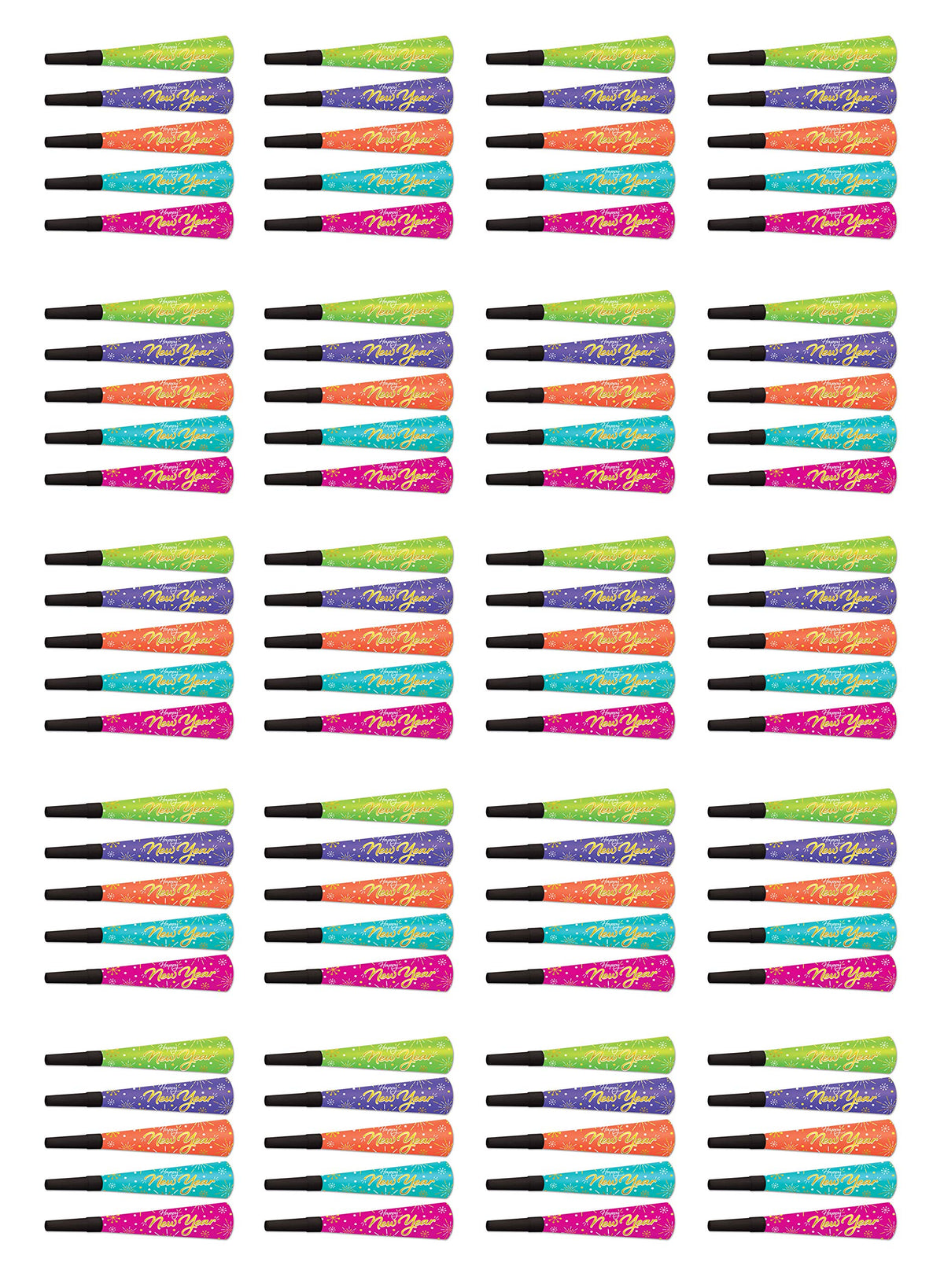 Happy New Year Neon Burst Horns Noisemaker Party Favors And Supplies, 9", Multicolored Pack of 100