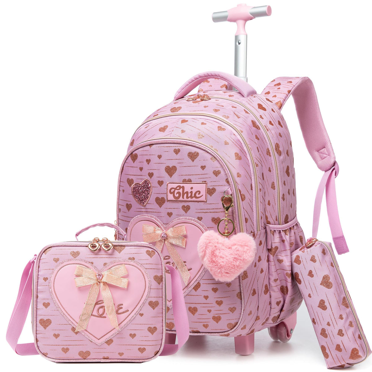 Oruiji Rolling Backpack for Girls Backpack with Wheels Cute Pink Kids Suitcase for Girls with Lunch Box Set Kids Carry on Luggage with Wheels Kids Rolling Suitcase Back to School Supplies