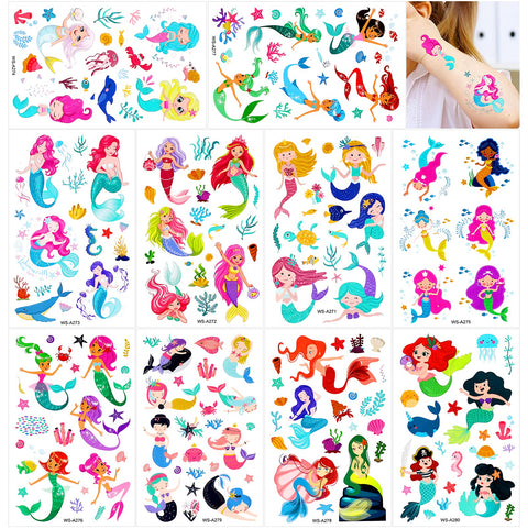Konsait Mermaid Tattoos for Kids, 188+ Pcs Cute Temporary Tattoo Kids Body Stickers for Girls Children Birthday Mermaid Party Favors Boys Girls Kids Party Goodie Bag Fillers Supplies
