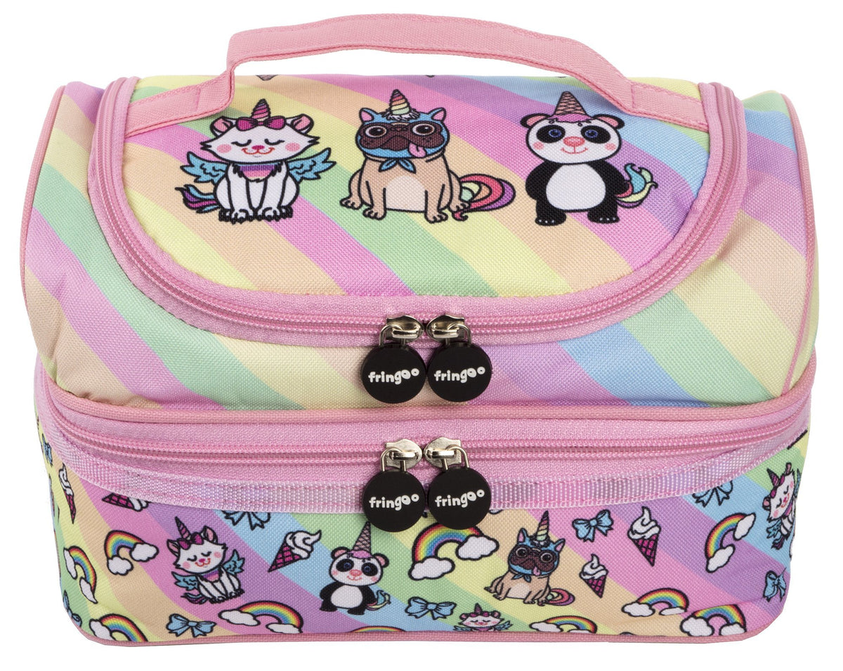 Fringoo® Multi-Compartment Kids Lunch Bag Thermal Insulated Cooler Bag School Nursery Double Decker Food Snacks Carrier (Unicorn Team)