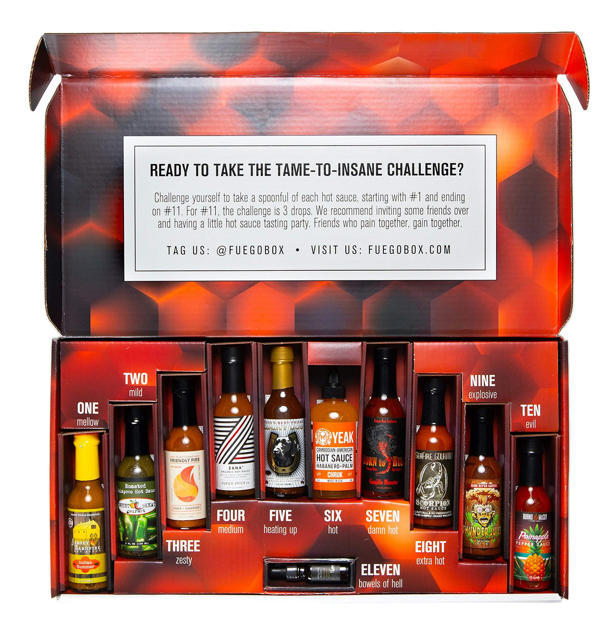 Tame-to-Insane Habanero Hot Sauce Challenge Box by FUEGO BOX - 11 Mild to Extreme Hot Sauces Spicy Challenge Sampler - Ultimate Hot Sauce Gift Set Variety Pack w/Mild & Zesty to Extra Hot & Explosive