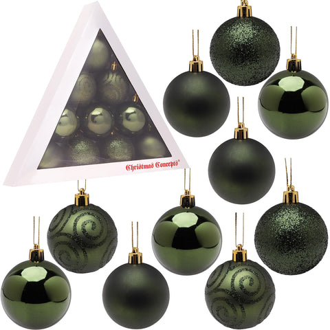 Christmas Concepts® Pack of 10-60mm Christmas Tree Baubles - Shiny, Matte & Glitter Decorated Baubles (Forrest Green)