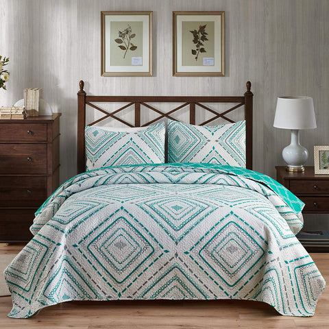 JML Quilt Set, 3 Pieces Bedspread Coverlet Cover - Soft Brushed Microfiber, Lightweight Printed Bedspread Set (White/Green, King 92"x104")