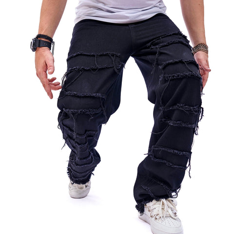 WEIBUMAOYI Men's Loose Fit Pants Relaxed-Fit Men Jeans Washed Oversize Straight Leg Carpenter Jean(505-blackloose008-36)