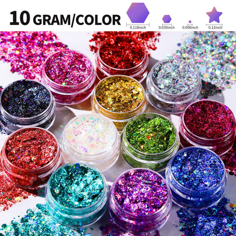 Teenitor Face Glitter Body Glitter Makeup Glitter Gel Hair Glitter, 12 Colors Body and Face Glitter Gel, Star Glitter for Face, Body, Hair, 10g/Color