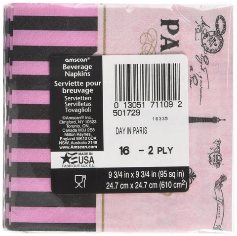 Amscan 501729 Day in Paris Beverage Napkins, Multi Color