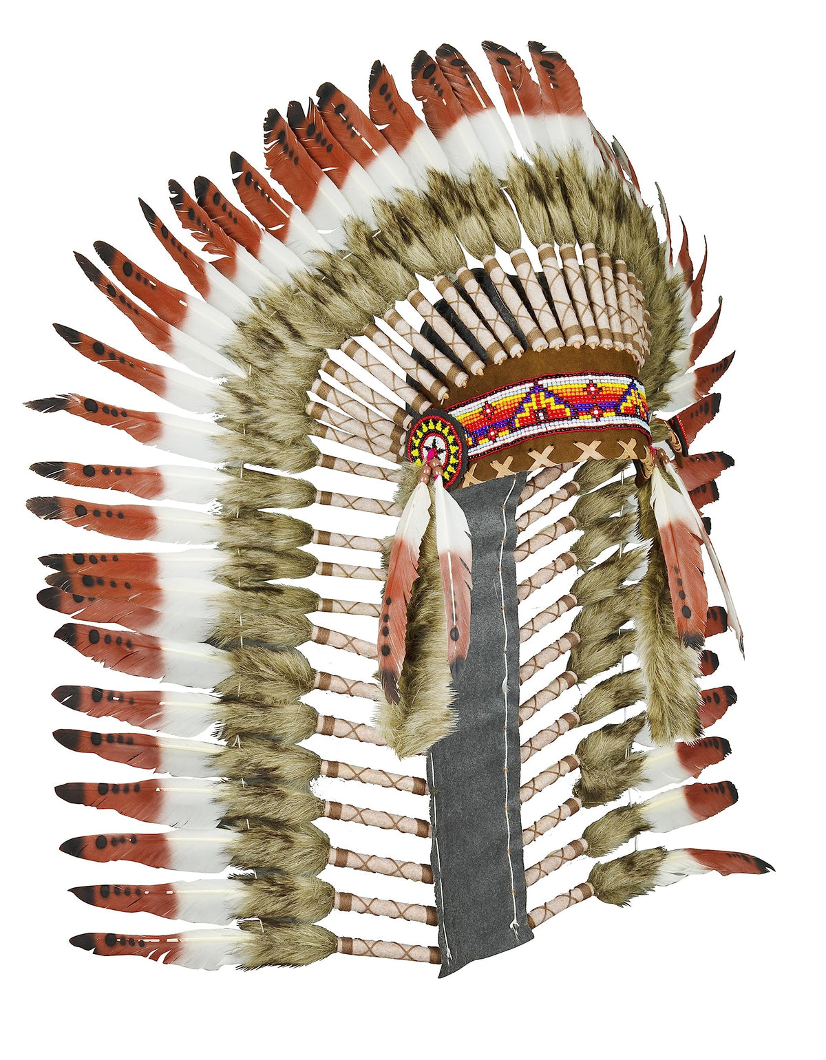Native American Inspired Headdress - Handcrafted with Genuine Feathers and Beads (Brown)