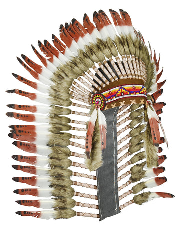 Native American Inspired Headdress - Handcrafted with Genuine Feathers and Beads (Brown)