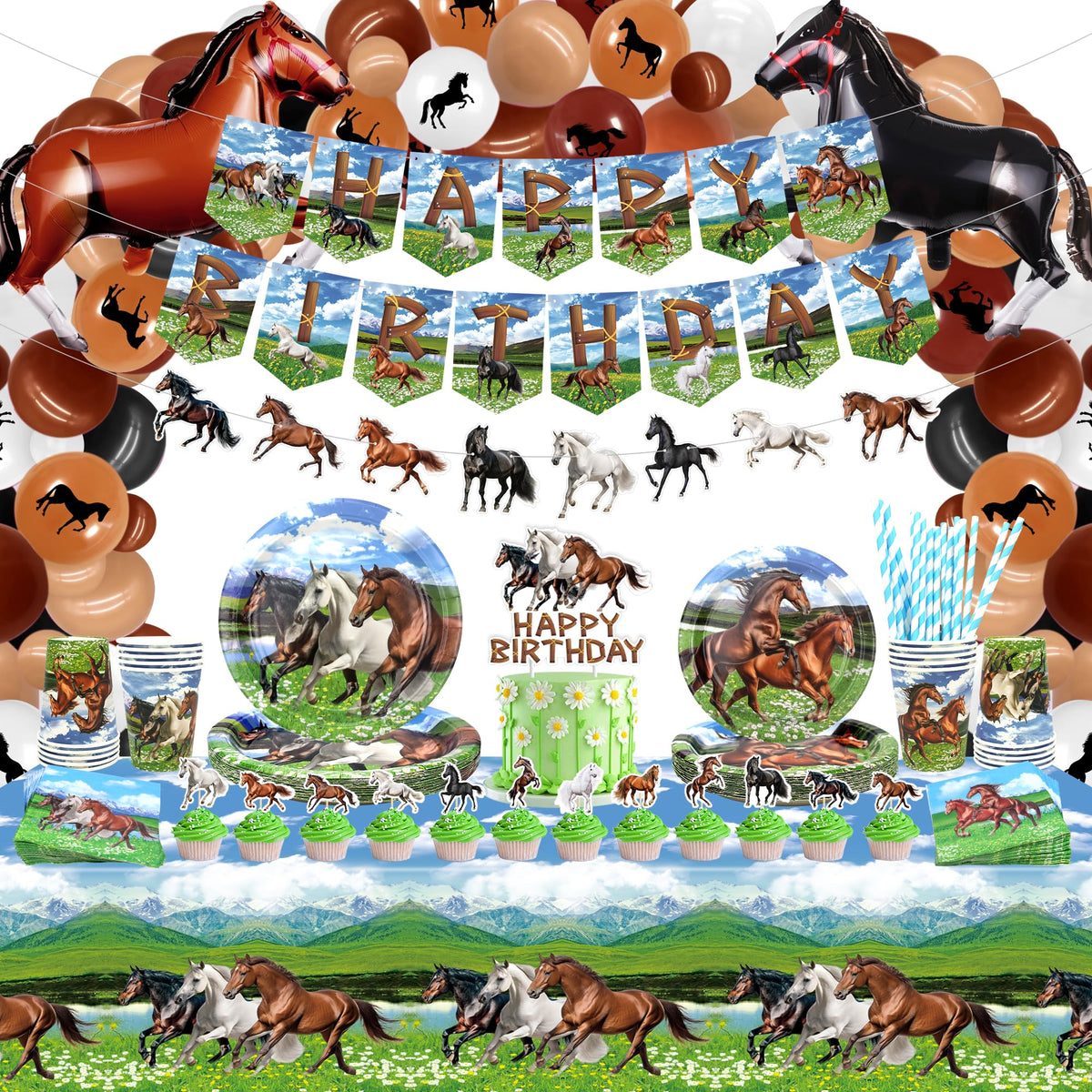 Horse Birthday Party Decoration - Horse Party Favors, Plates Cups Napkins Tablecloth Happy Birthday Banner Balloons Arch Cake Toppers for Horse Racing Cowboy Western Birthday Party Supplies