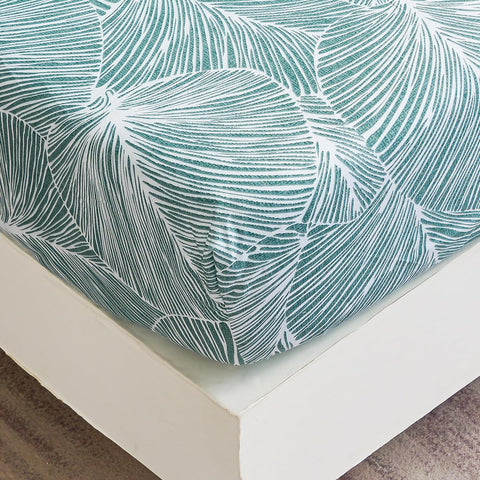 Jemiipee Emperor Fitted Sheet Light Green Tropical Leaves Pattern, 30 cm Deep Pocket, Soft Microfiber Botanical Fitted Bed Sheets