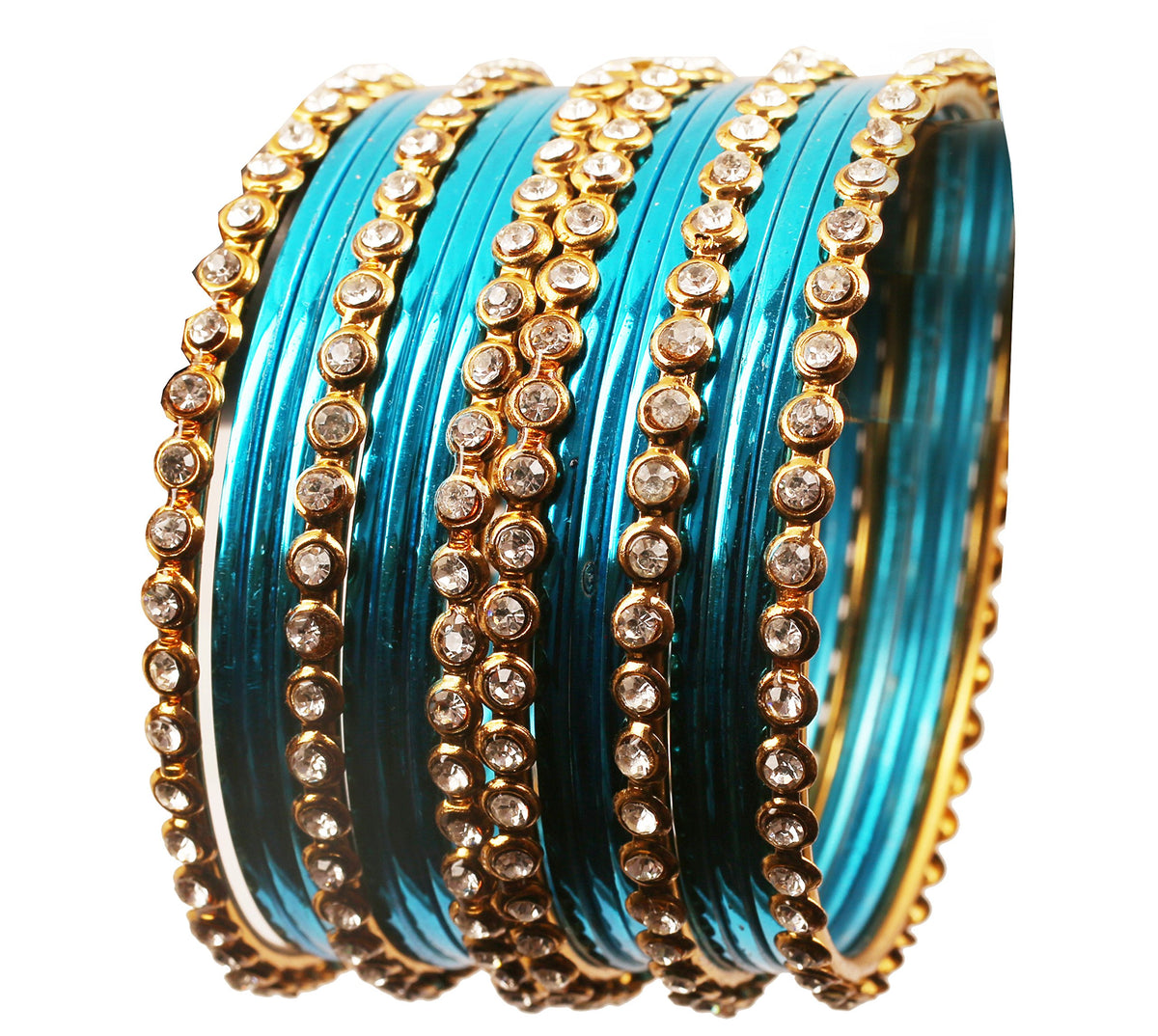 Touchstone "Colorful Collection Indian Bollywood Alloy Single Line Clear Rhinestone And Textured Aqua Blue Color Bangle Bracelets Set of 18 In Antique Gold Tone For Women.