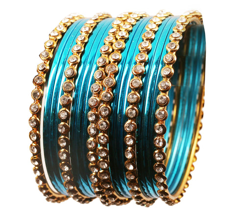 Touchstone "Colorful Collection Indian Bollywood Alloy Single Line Clear Rhinestone And Textured Aqua Blue Color Bangle Bracelets Set of 18 In Antique Gold Tone For Women.