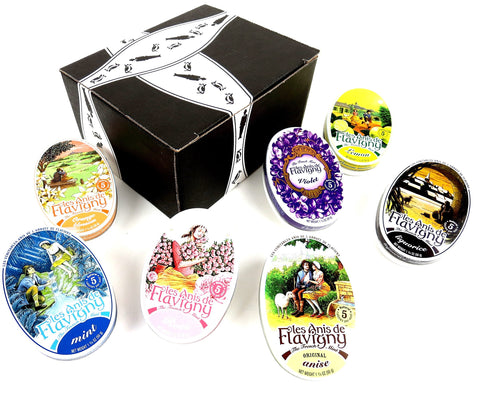 Les Anis De Flavigny Mints 7-Flavor Variety: One 1.75 oz Tin Each of Original Anise, Orange Blossom, Rose, Violet, Lemon, Mint, and Liquorice in a BlackTie Box (7 Items Total)