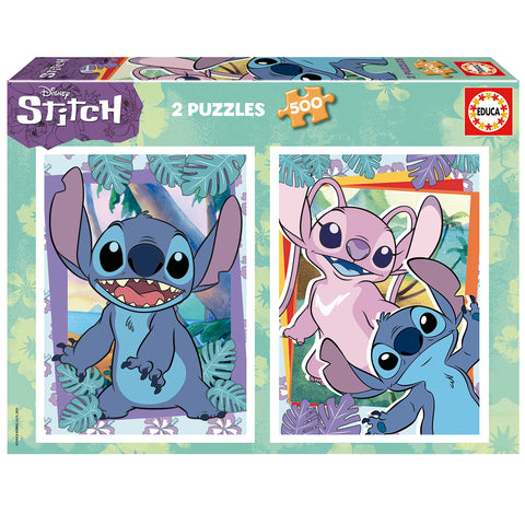 Educa - Pack of 2 Puzzles with 500-Piece Each and Stitch's images, Includes Glue Fix Puzzle, from 11 years old (19732)