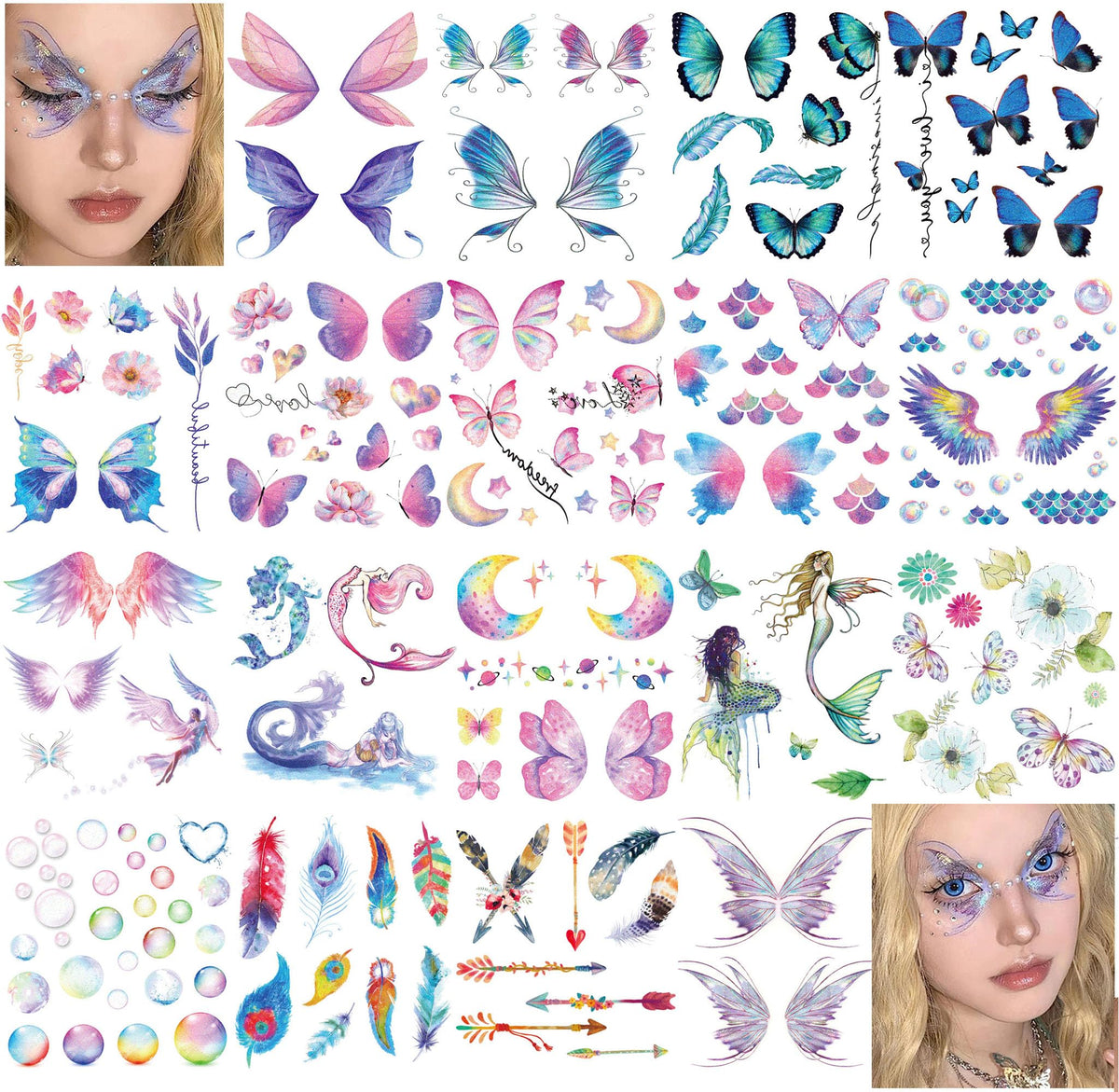 Rosymormor 18 Sheets Glitter Temporary Tattoos for Women Girls, Wings Butterfly Flowers Face Body Shiny Waterproof Stickers Fake Tattoos for Gifts Birthday Party Favors Festival Makeup Halloween