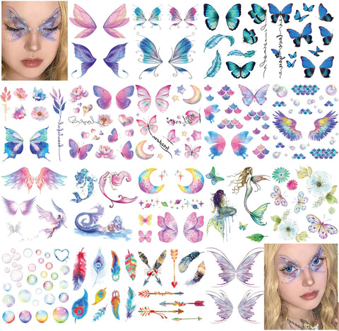 Rosymormor 18 Sheets Glitter Temporary Tattoos for Women Girls, Wings Butterfly Flowers Face Body Shiny Waterproof Stickers Fake Tattoos for Gifts Birthday Party Favors Festival Makeup Halloween