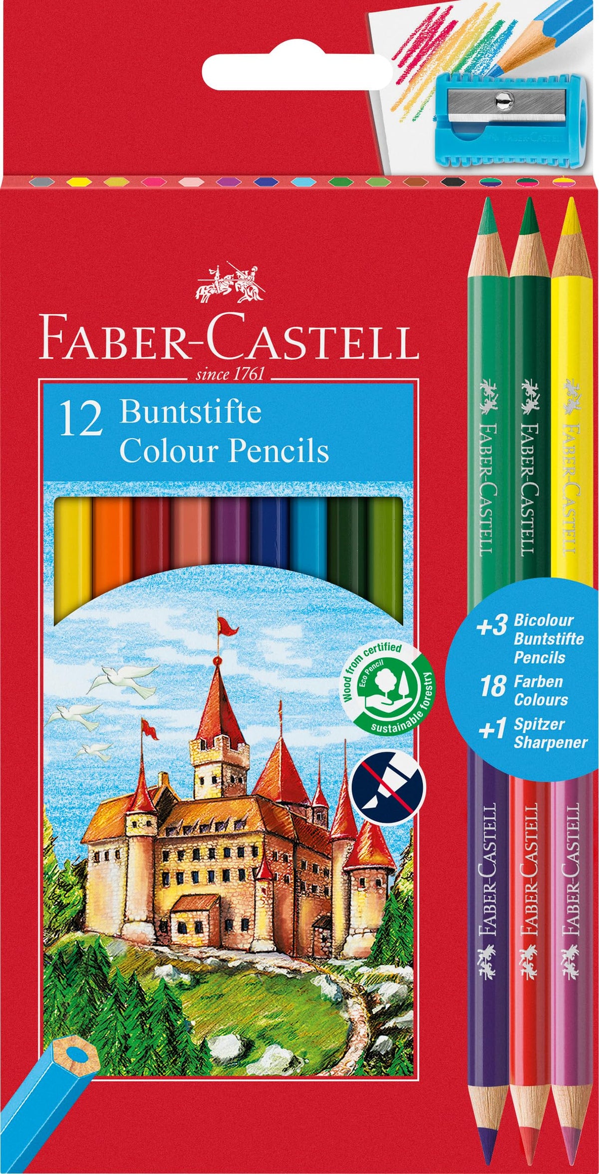 Faber-Castell 110312 Colour Pencil with 3 Bi-Colour Pencil/Sharpener (Pack of 12)