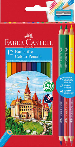 Faber-Castell 110312 Colour Pencil with 3 Bi-Colour Pencil/Sharpener (Pack of 12)