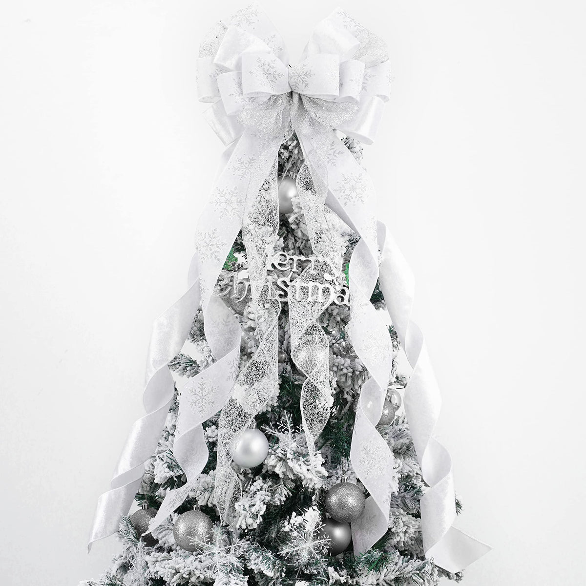 MEEDEE White Glitter Christmas Bows - 12" Velvet Bows for Christmas Tree (1 Pack)