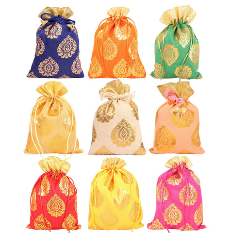 Touchstone Drawstring Bags Traditional Indian Handcrafted in Ficus Leaf Pattern Brocade fabric. Perfect for Gifts Jewelry Weddings Sweet Distribution Set of 9 Vibrant Multicolor Pouches Purses Potli
