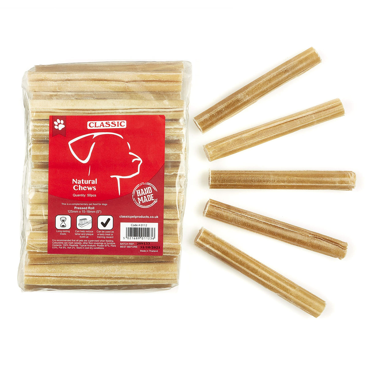 Classic Pet Products Rawhide Pressed Roll for Dogs, 127 x 18 mm, Pack of 50