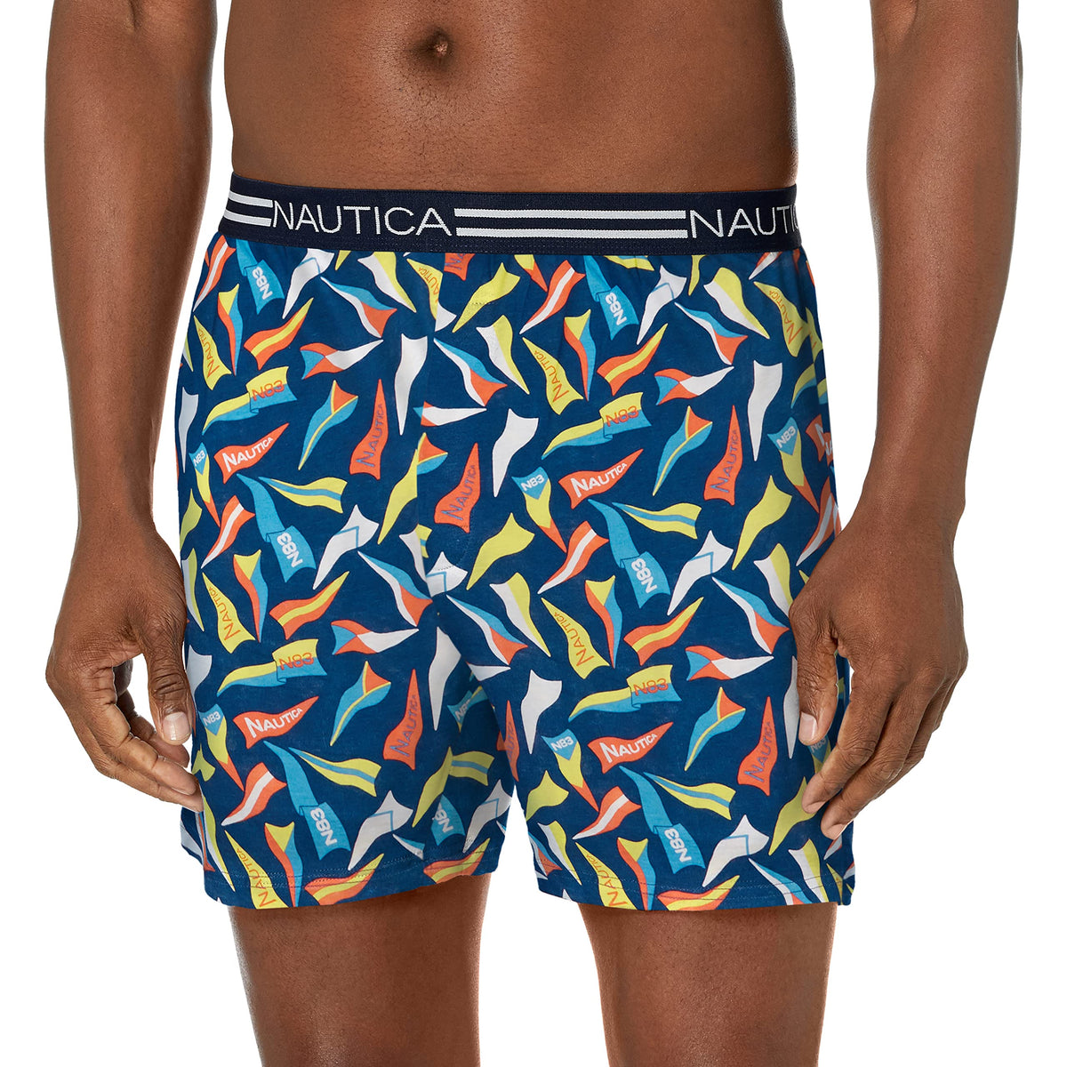 Nautica Men's Classic Cotton Loose Knit Boxer, Large Pennants/Estate Blue, Small
