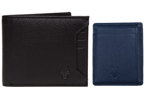 WildHorn Leather Wallet for Men, Black Wallet + Blue Safiano Card Case, Retro