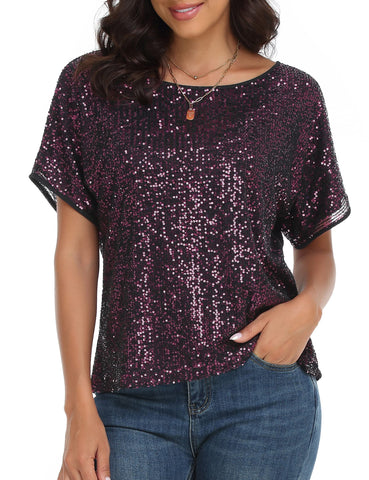 kayamiya Women's Sparkly Sequin Top Batwing Sleeve Glitter Party Shirts Blouse Dressy Tops, Purple, 18
