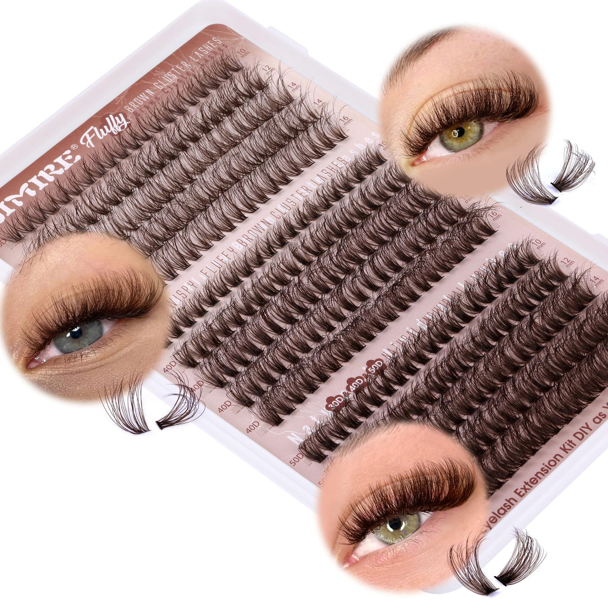 JIMIRE Brown Lash Clusters 300Pcs Fluffy Brown Cluster Eyelash Extensions Wispy Lashes Clusters D Curl 30D+40D+50D Brown Fluddy DIY False Eyelashes Pack