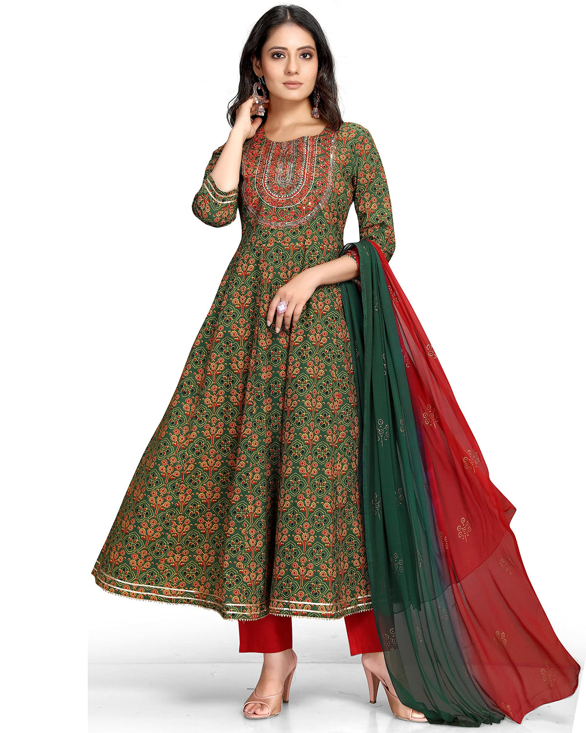Rajnandini Women's Pure Cambric Cotton Embroidered Kurta Set with Dupatta (JOPLVL213-L_Green & Red_L)